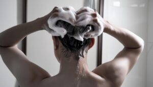 泡たっぷりの髪を洗う男性