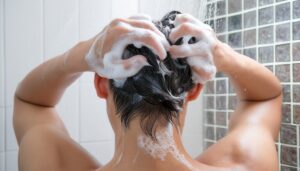 泡立てた髪の男性の後ろ姿