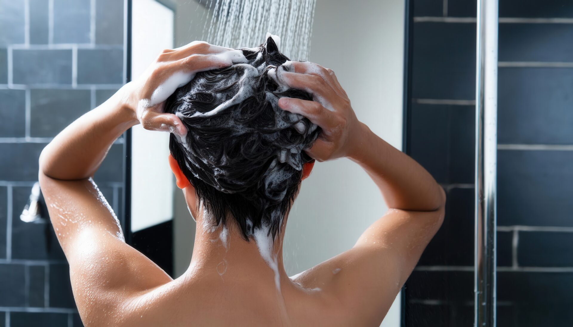 泡立てた髪を洗う後ろ姿