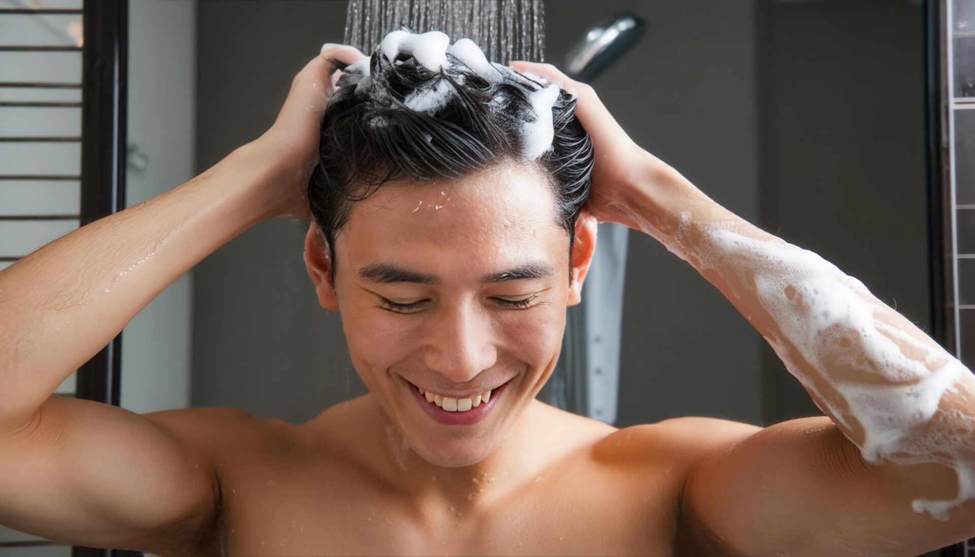 笑顔の男性のシャンプー