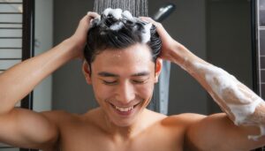 笑顔の男性のシャンプー