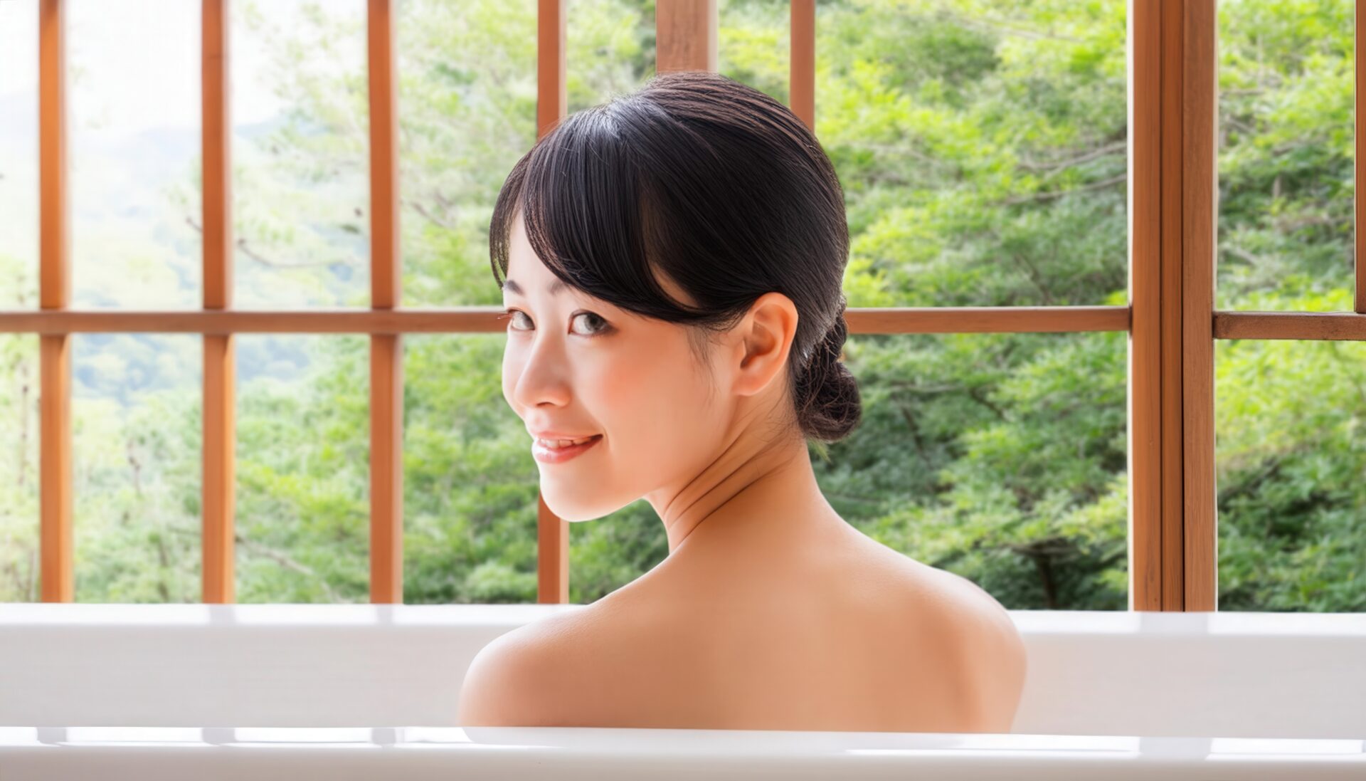 和風のバスタブで笑顔の女性