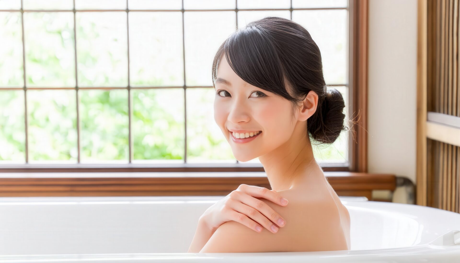 バスタブに入る女性の微笑み