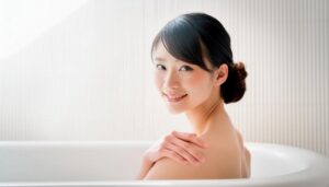 自然光が差し込むバスタブの女性