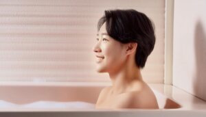 湯船に浸かる笑顔の男性