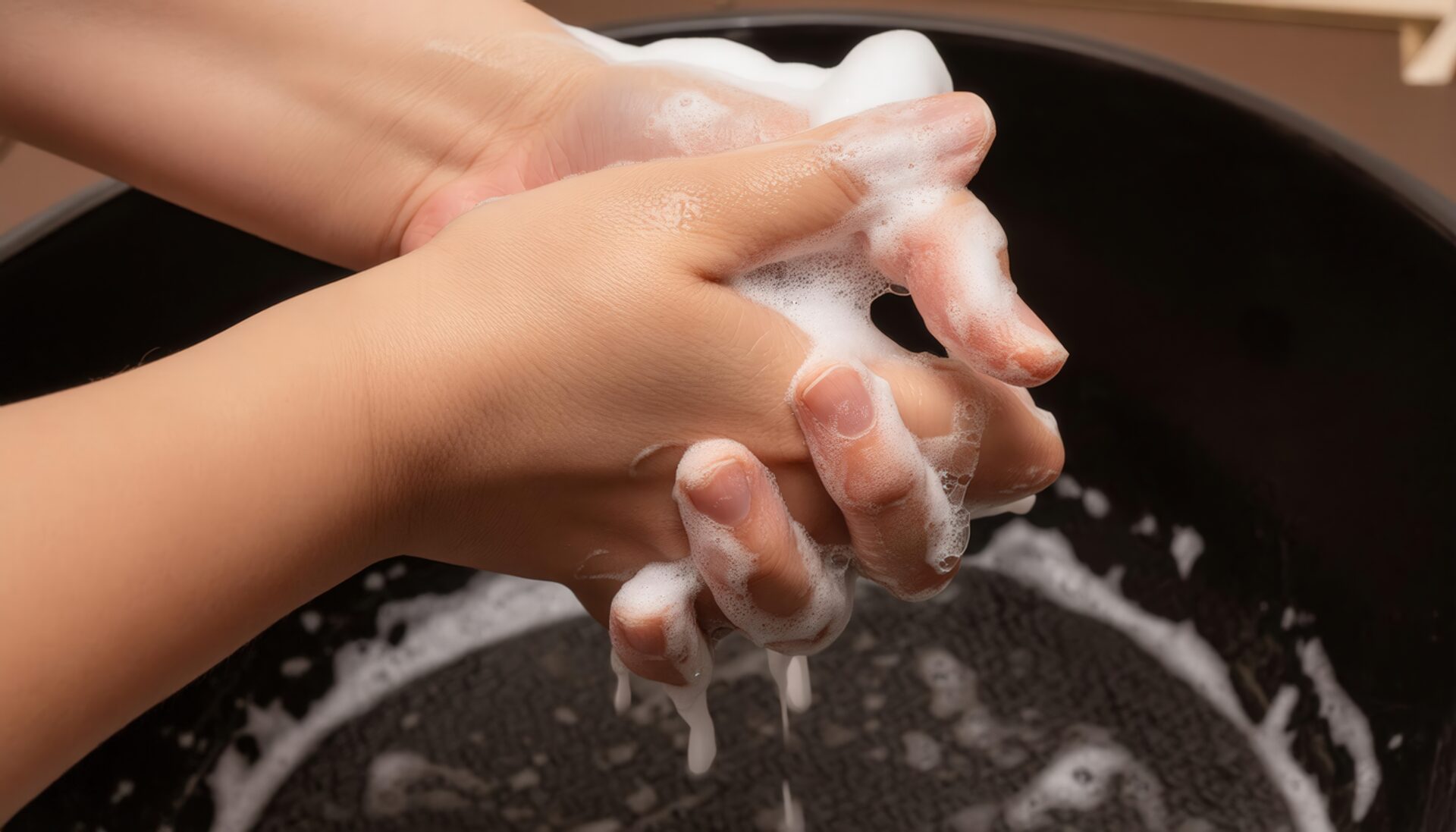泡立てた石鹸で手を洗う1