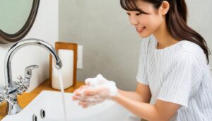 手洗いをする笑顔の女性6