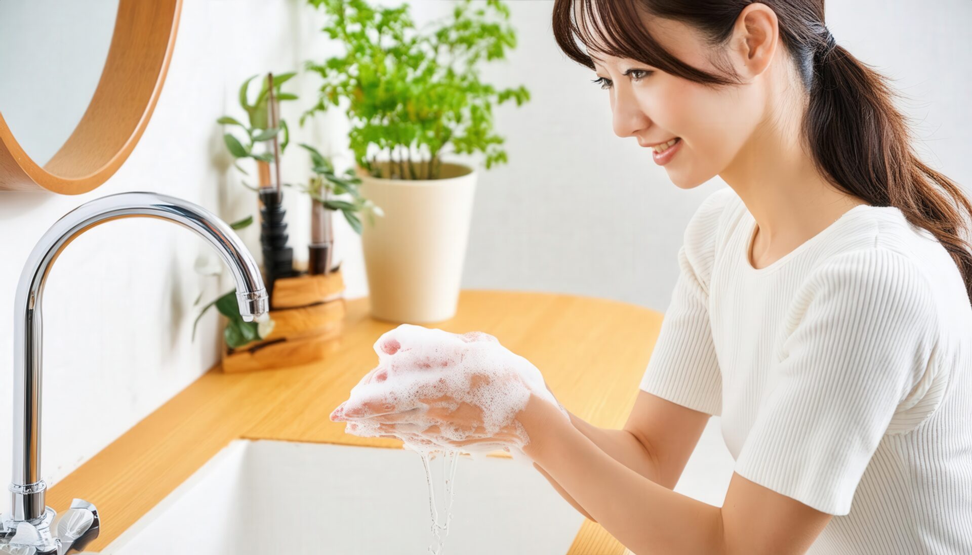 手洗いをする笑顔の女性7