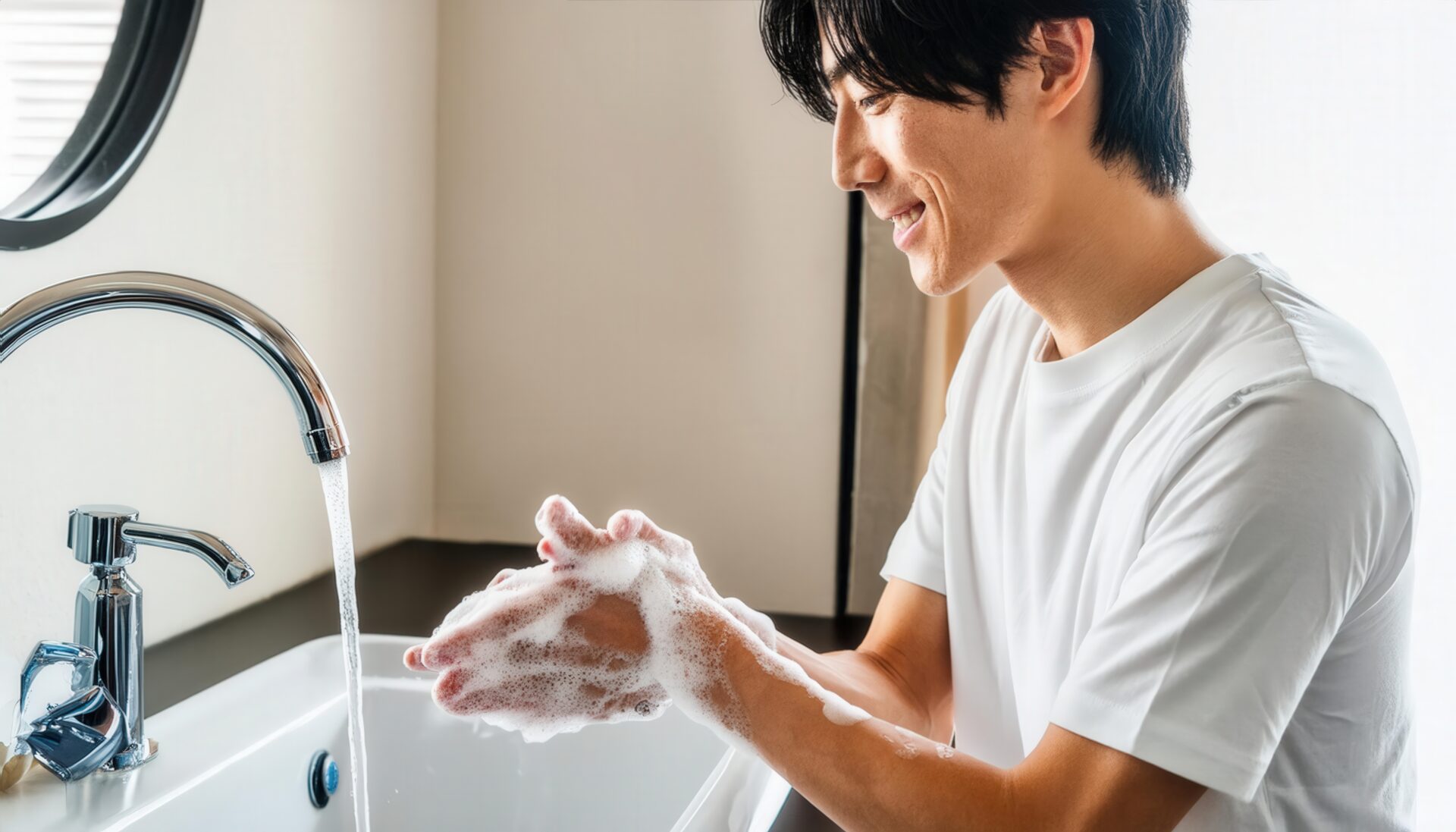 手洗いをする笑顔の男性1