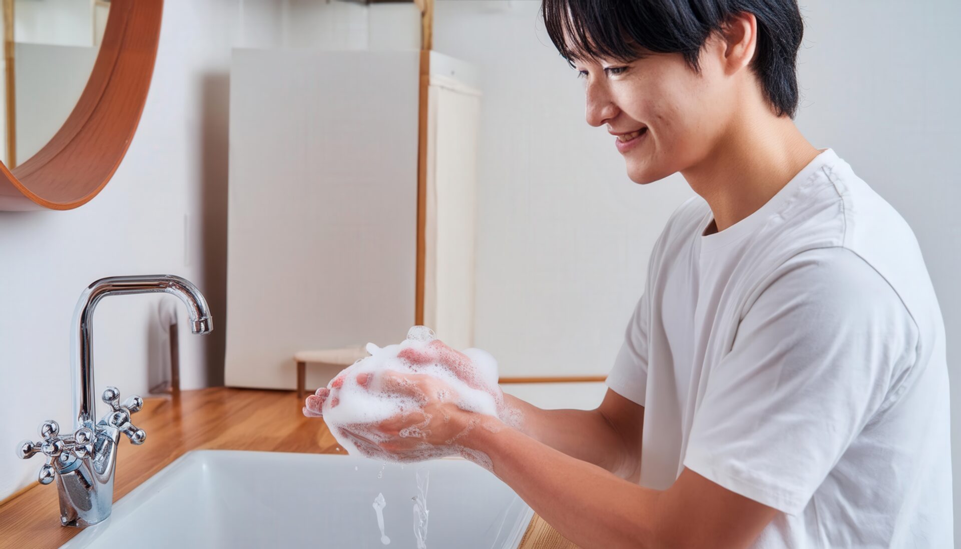 手洗いをする笑顔の男性2