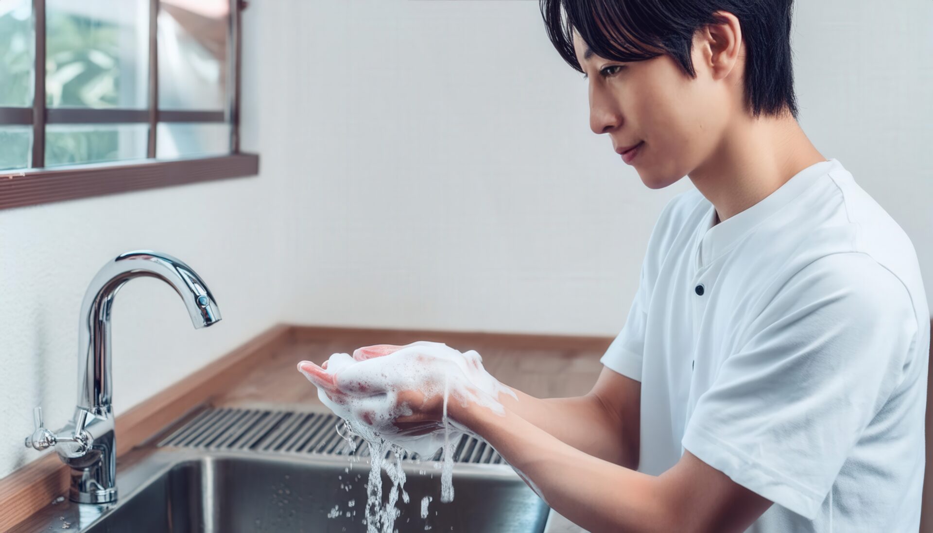 手洗いをする笑顔の男性7