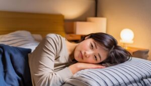夜に就寝する若い女性