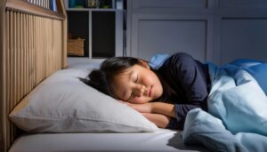 夜に就寝する若い女性