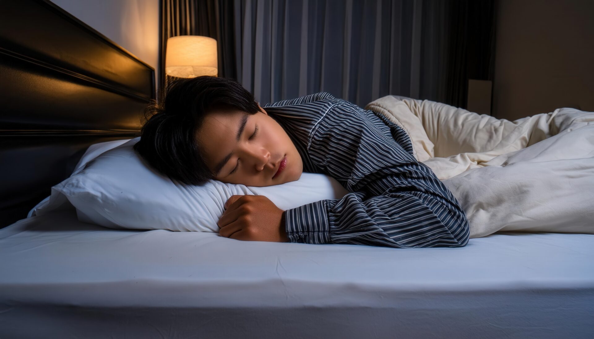 夜のベッドで眠る男性