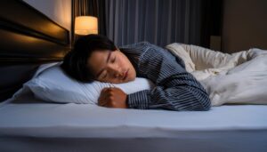 夜のベッドで眠る男性