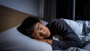 夜のベッドで眠る男性