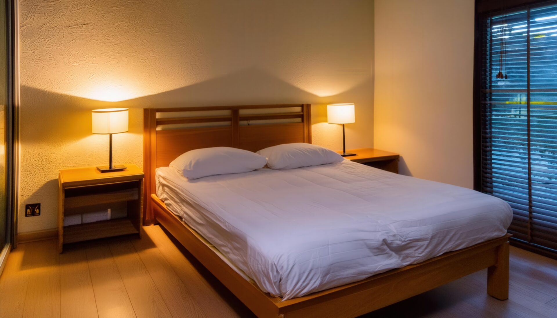 木製フレームのシンプルなベッド