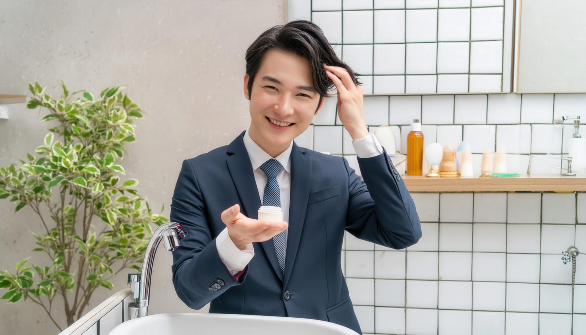 洗面所で髪を整える男性4