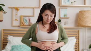 寝室でお腹を押さえる女性