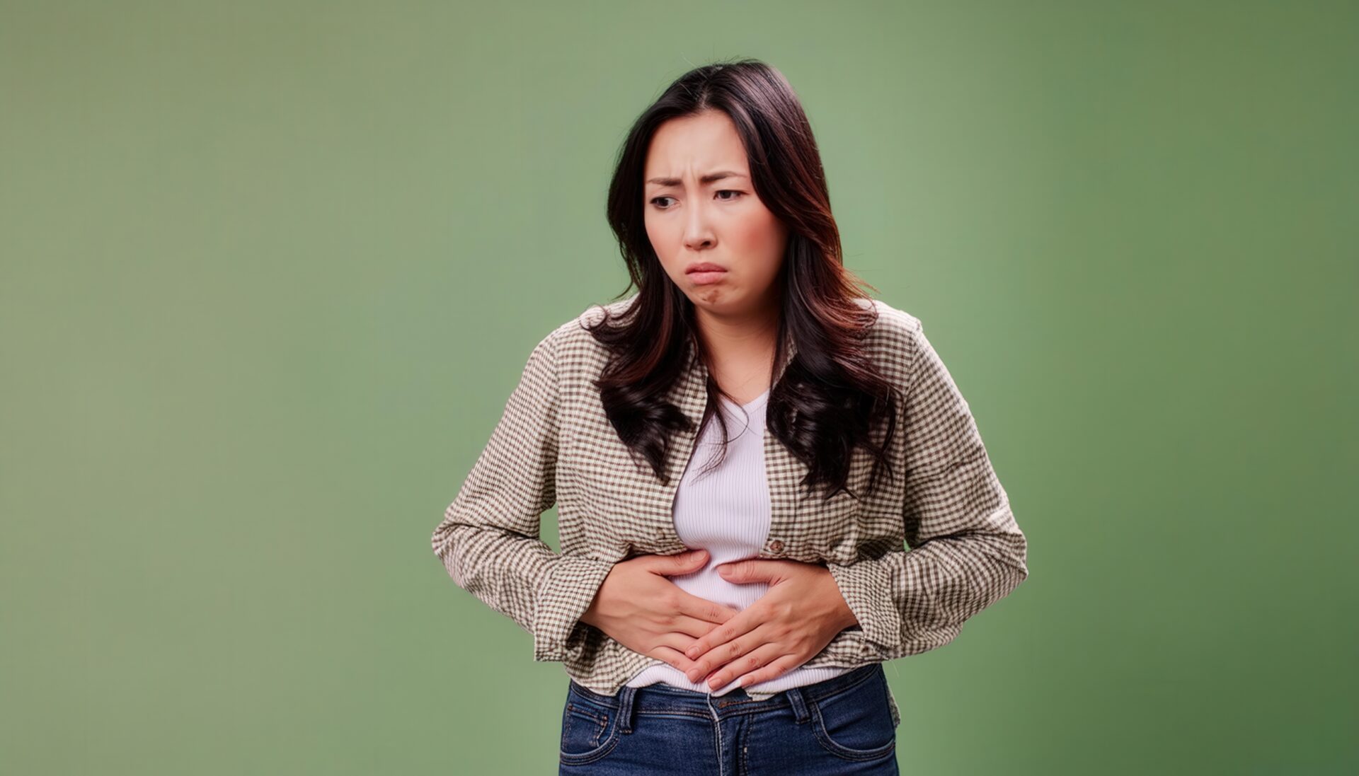 緑の背景でお腹を押さえる女性