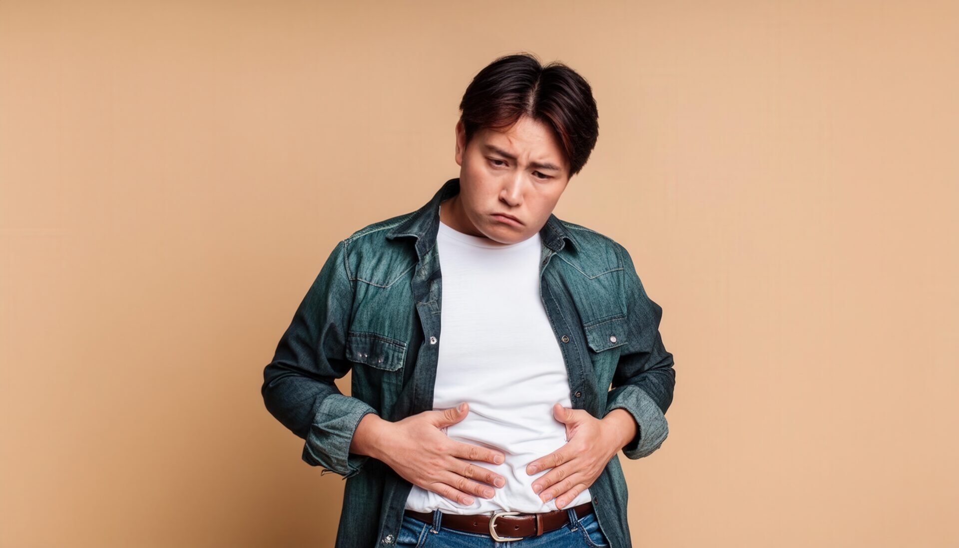 ベージュ背景でお腹を押さえる男性