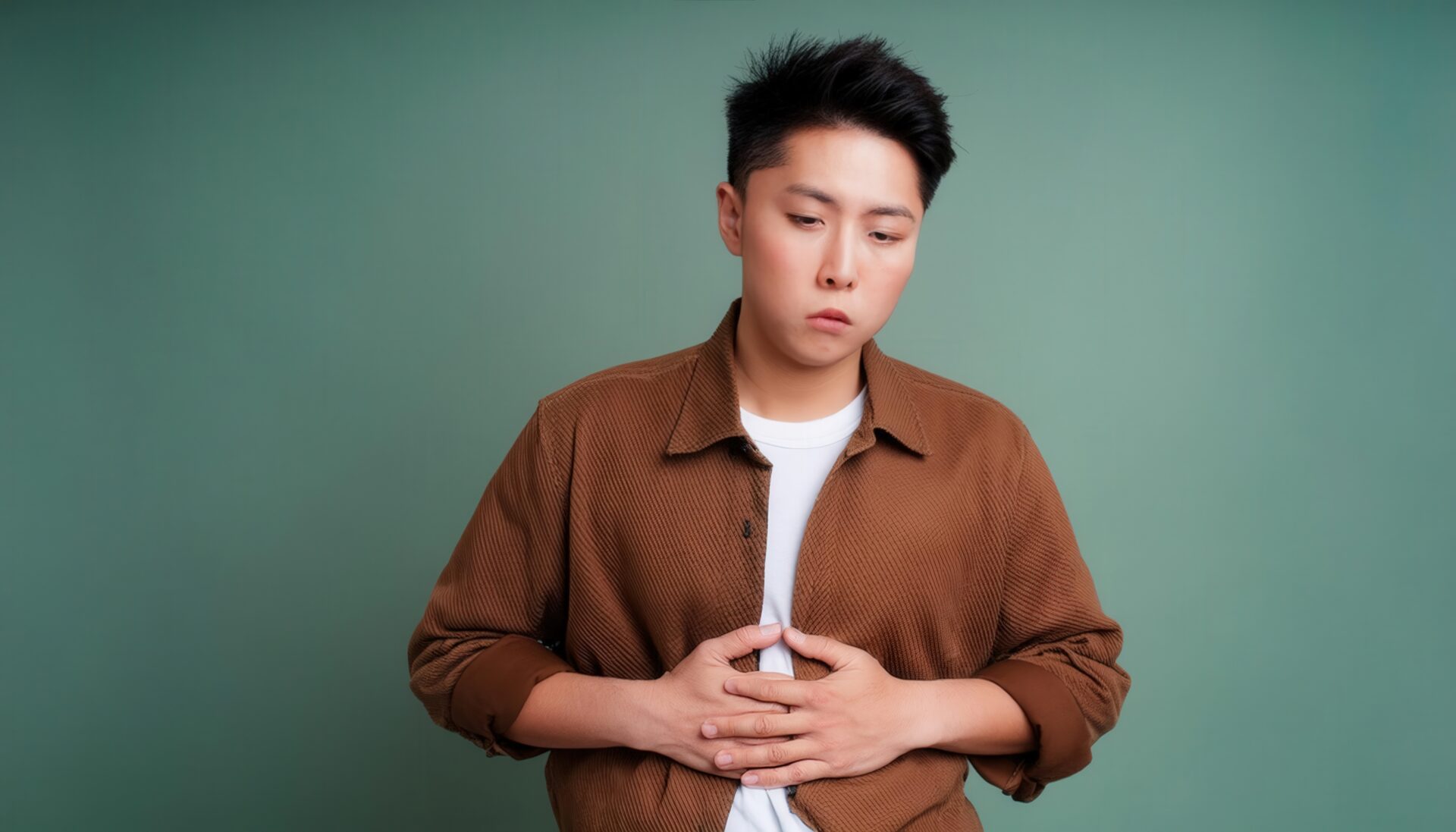 緑の背景でお腹を押さえる男性