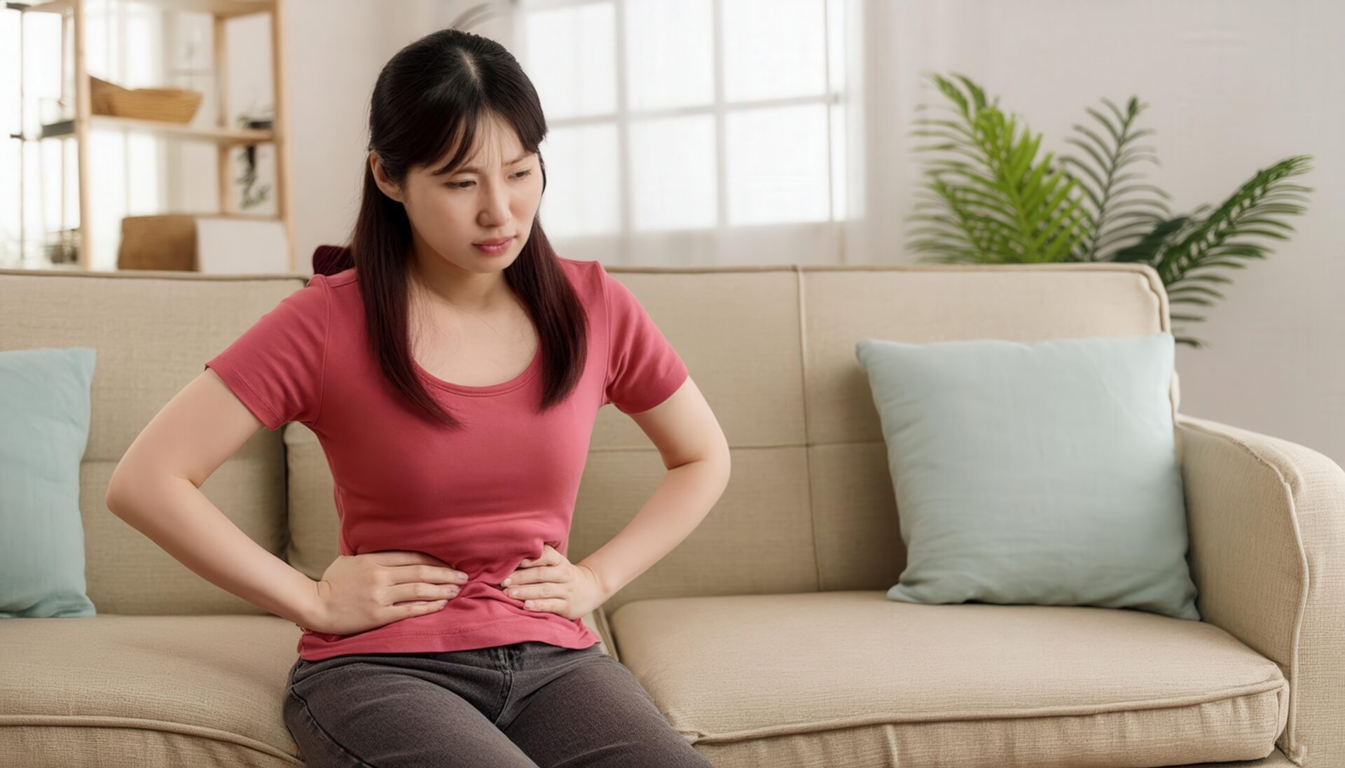 ソファでお腹を押さえる女性