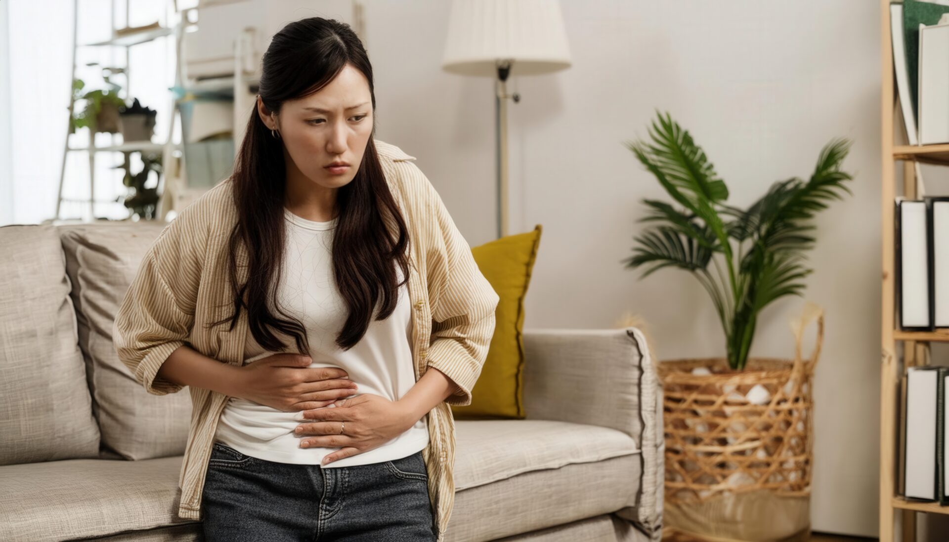 部屋でお腹を押さえる女性