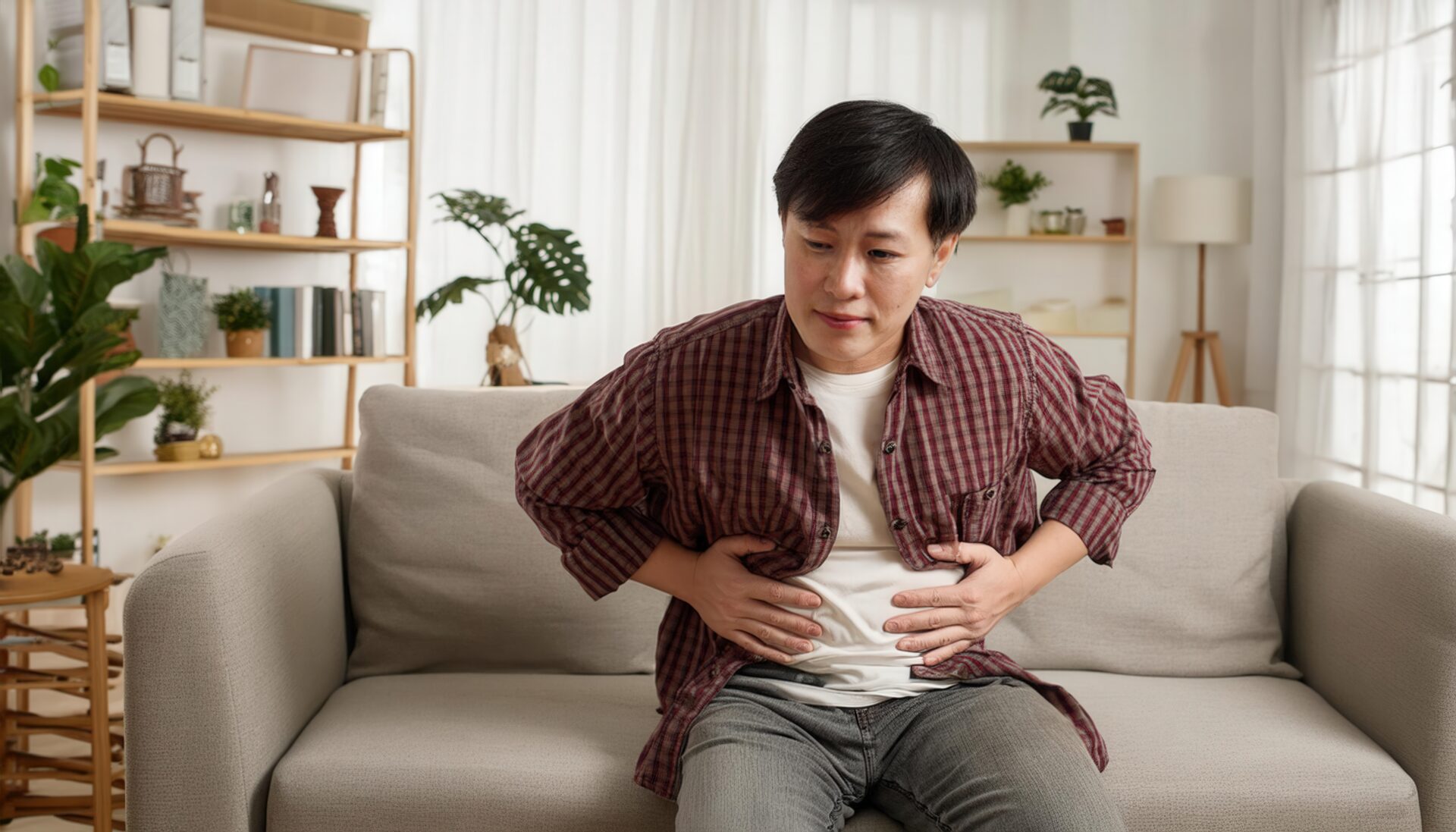 ソファでお腹を抱える男性