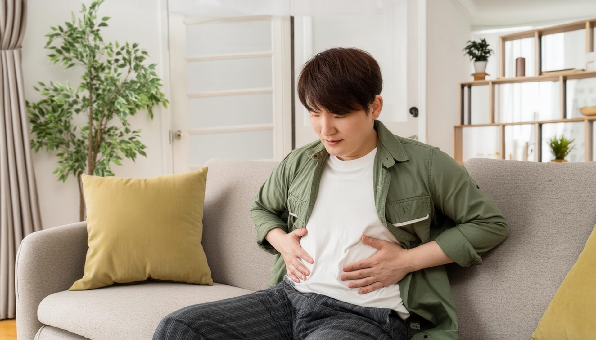 ソファでお腹を抱える男性