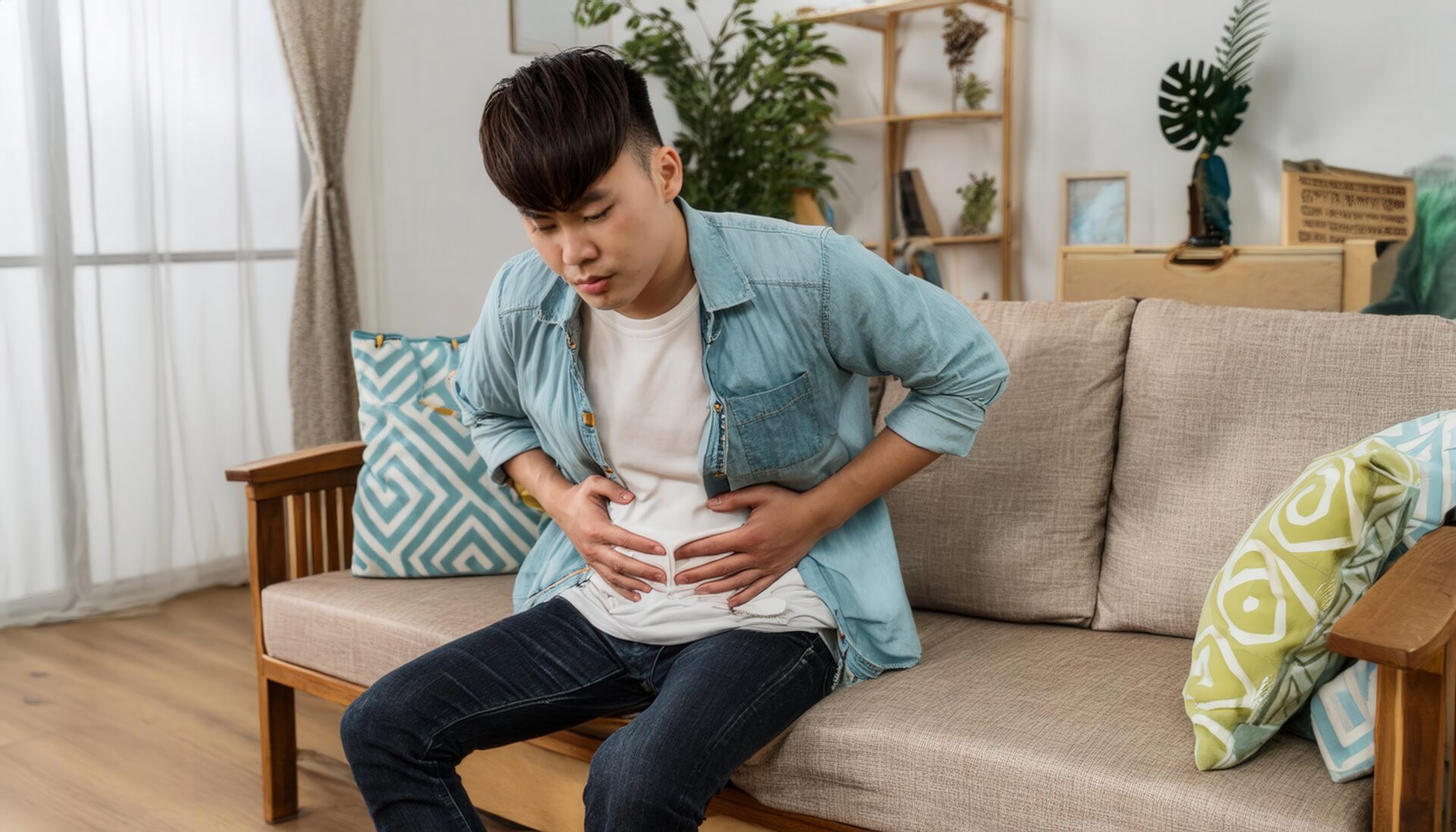 部屋でお腹を押さえる男性