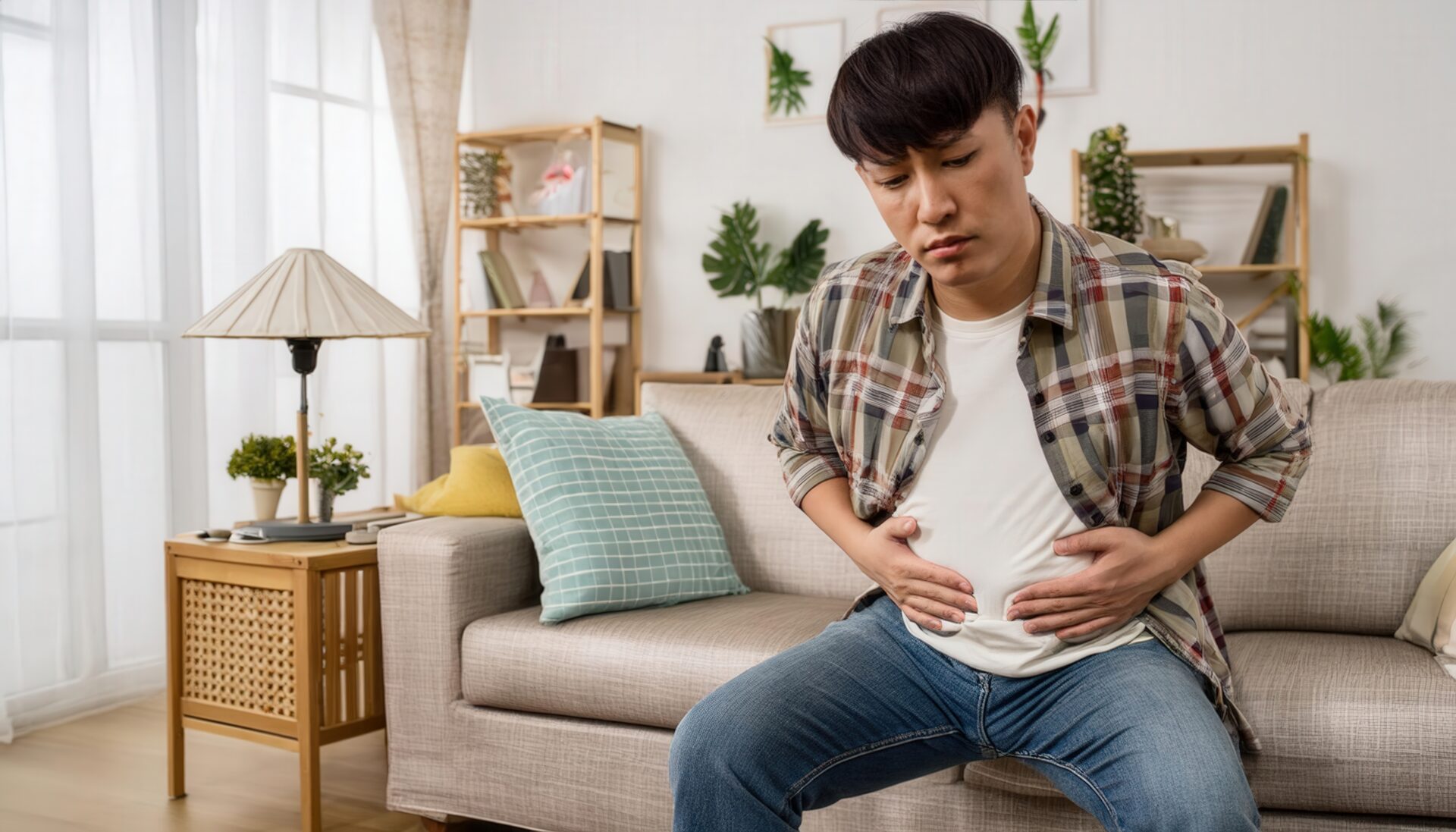 部屋で悩む男性