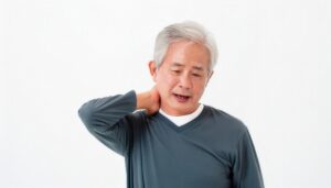 首を押さえる高齢男性1