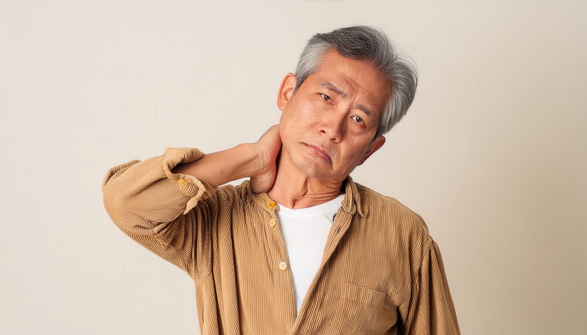 首を押さえる高齢男性2