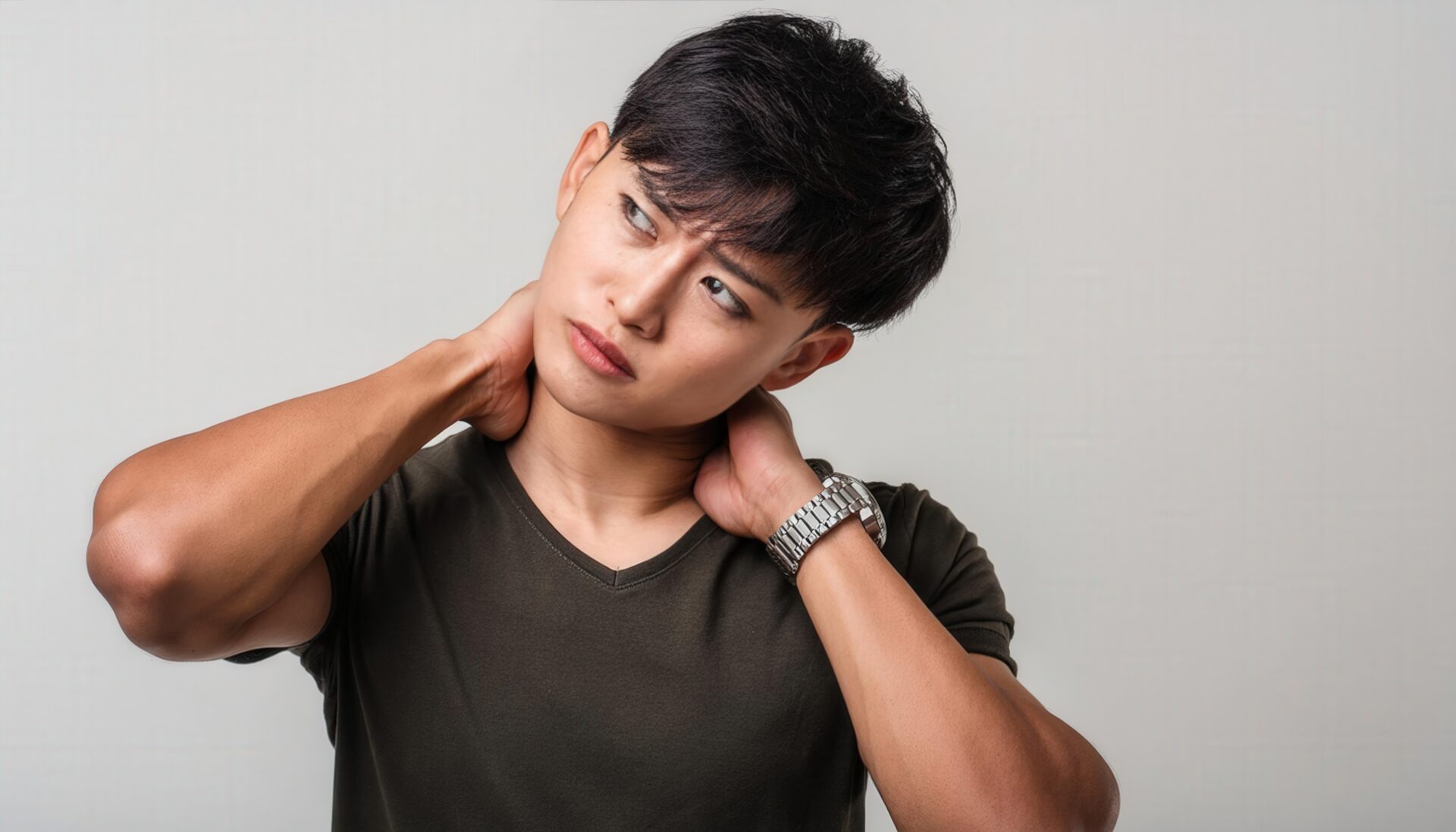 両手で首を押さえる若い男性