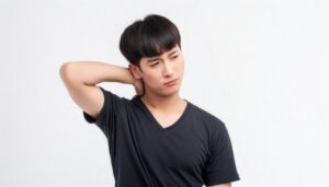 首を押さえる若い男性4