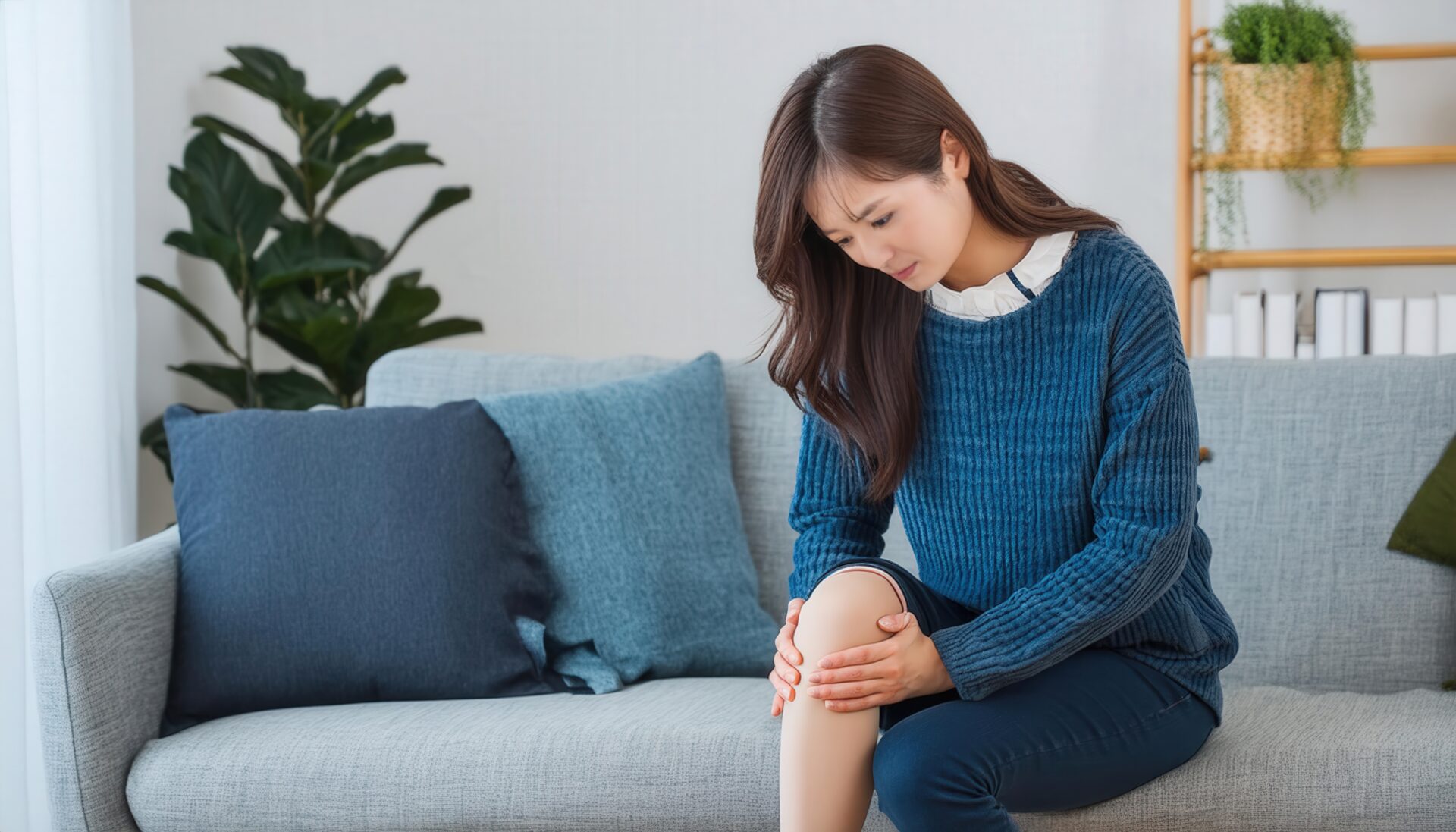 ソファで膝を押さえる女性