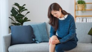 ソファで膝を押さえる女性