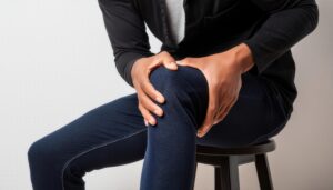 椅子に座り膝を押さえる男性