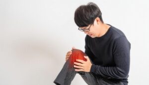 膝を押さえるメガネの男性