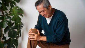 植物のそばで膝を抱える男性