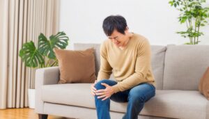 ソファで膝を痛がる男性