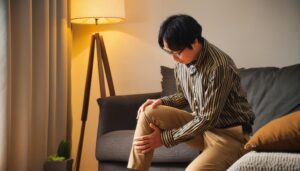 膝を押さえる夜の室内男性