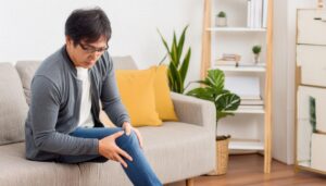 ソファで膝を抱える男性