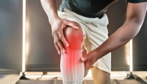 膝を抱える暗い背景の男性