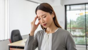 オフィスで頭痛に悩む女性