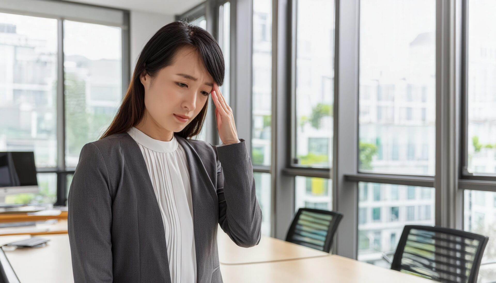 会議室で頭痛を感じる女性