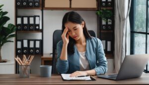 デスクで頭痛を感じる女性