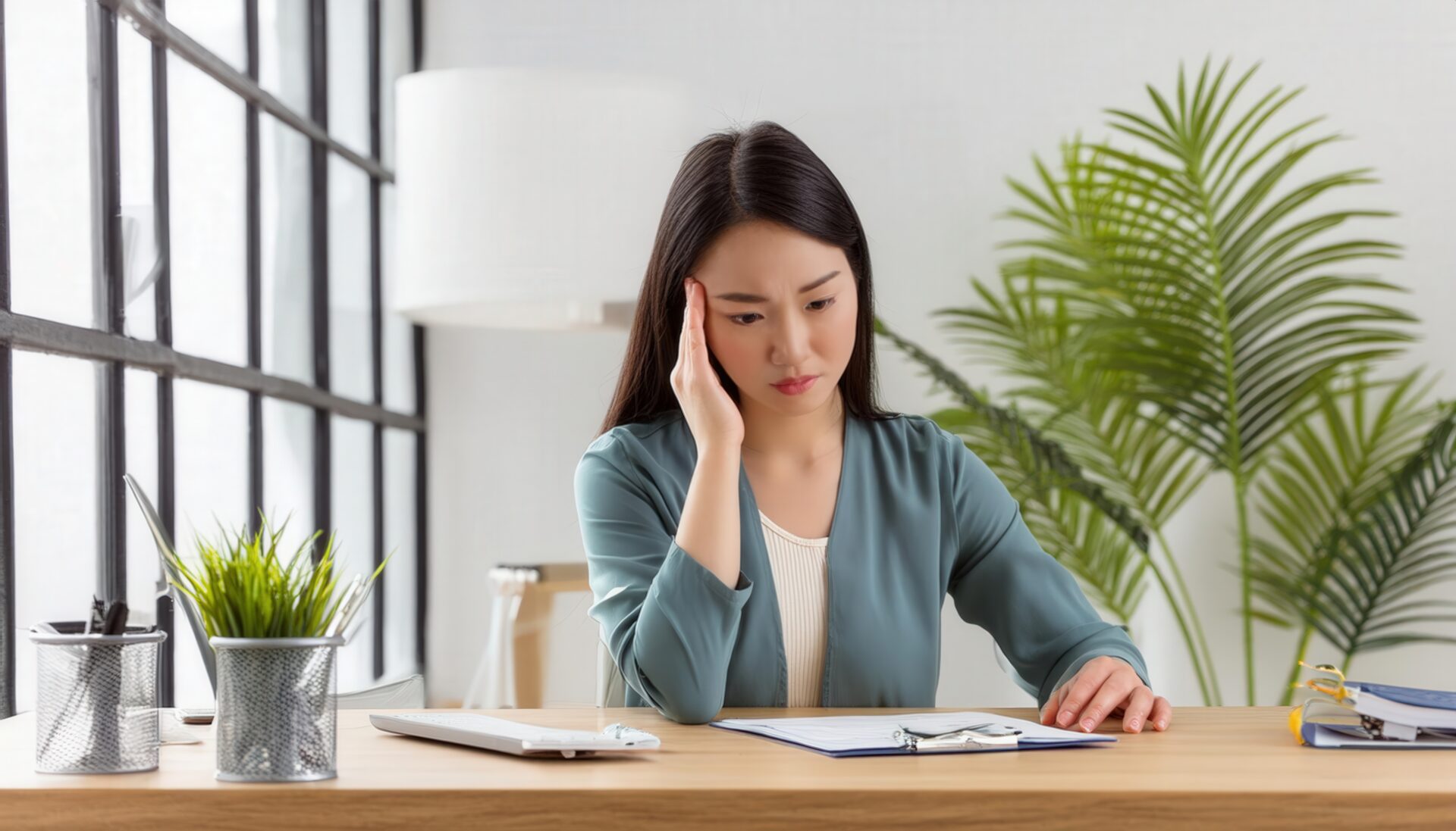 オフィスで頭痛に悩む女性