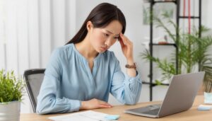パソコン作業で疲れを感じる女性